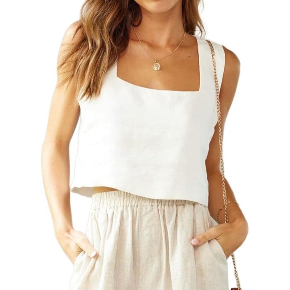 Women’s Linen Crop Tank Top Cotton Linen Sleeveless Square Neck Summer